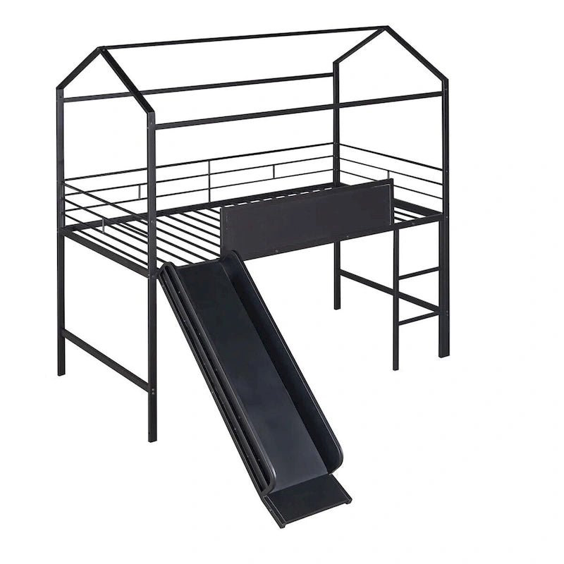 Lit mezzanine double en métal avec tableau effaçable double face, toboggan