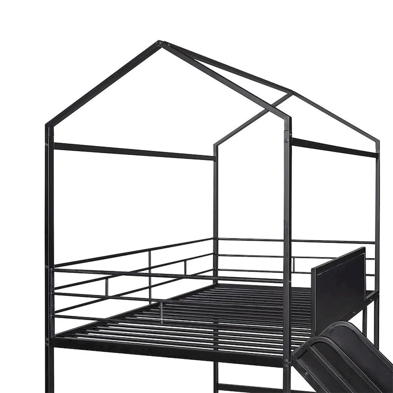 Lit mezzanine double en métal avec tableau effaçable double face, toboggan