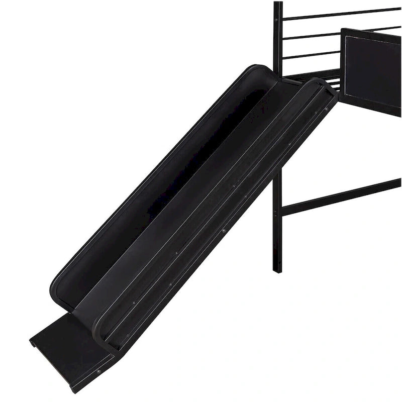 Lit mezzanine double en métal avec tableau effaçable double face, toboggan