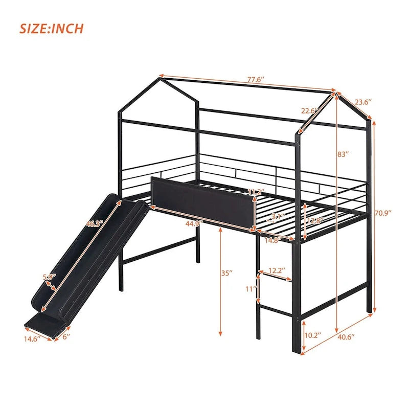 Lit mezzanine double en métal avec tableau effaçable double face, toboggan